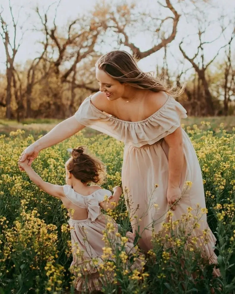 Mommy & Me - Champagne Ruffle Maxi Dress Little Miss B and Me Mommy & Me - Champagne Ruffle Maxi Dress Little Miss B and Me